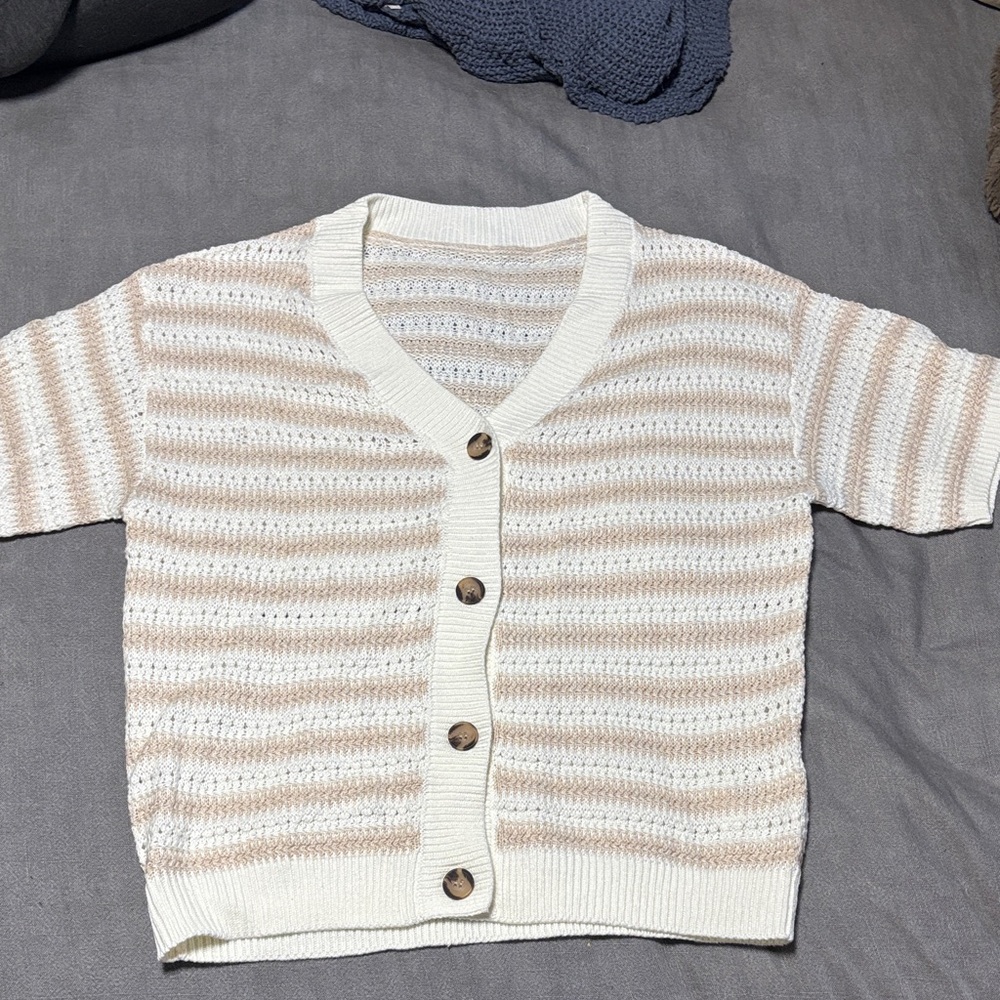 Cream & Tan Striped Short-Sleeve Button-Down Knit Top